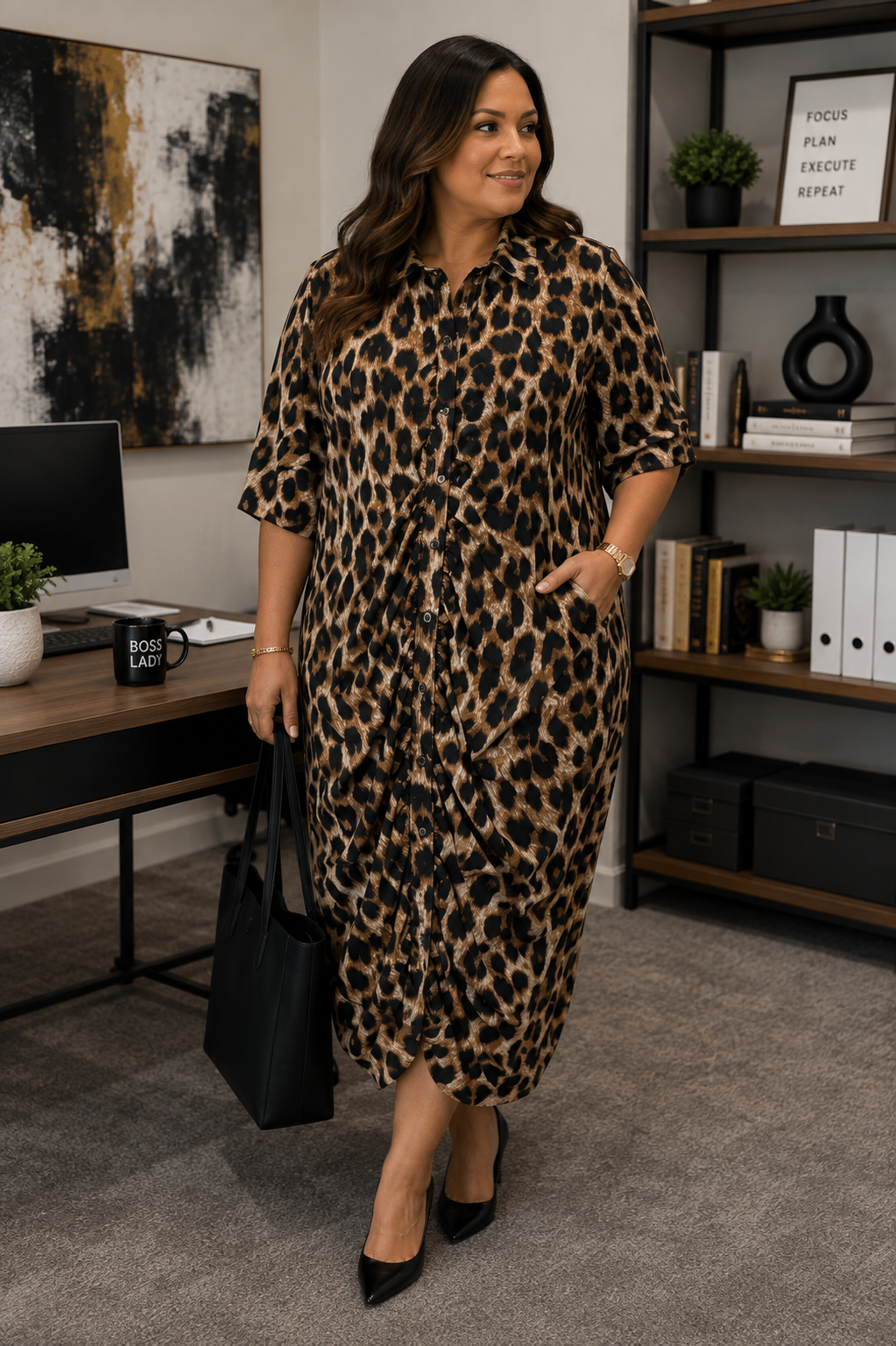 SHEIN Curve Leopard Print Ruched Button-Down Shirt Dress, Size 2XL