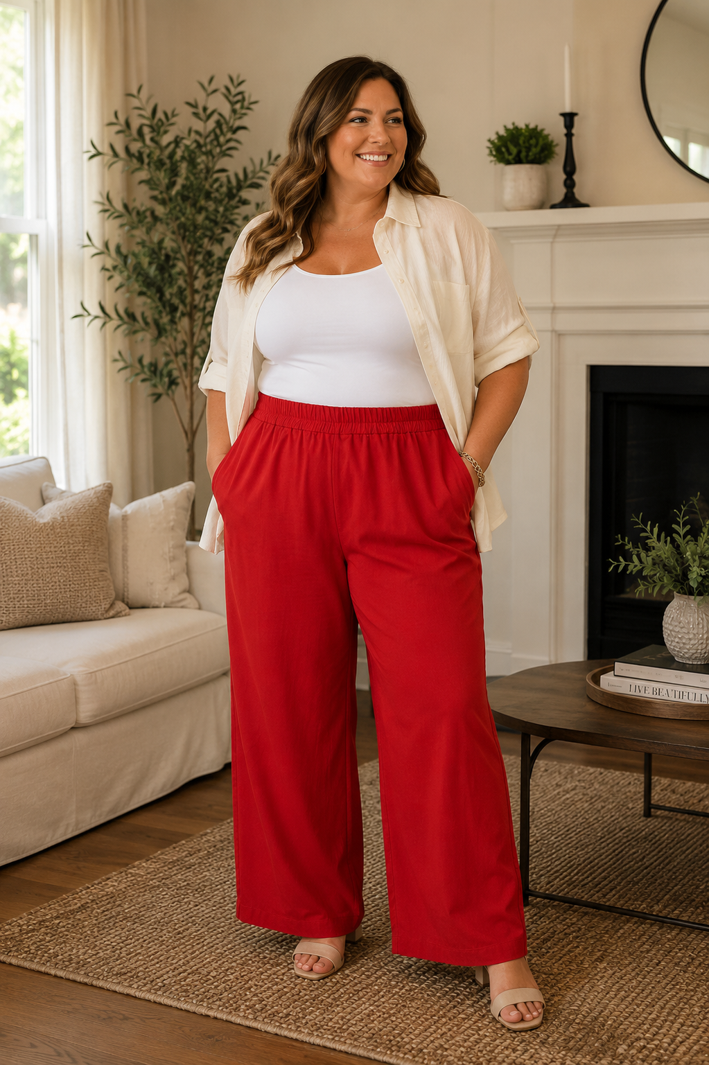Women's Red-Orange Wide-Leg Elastic-Waist Pull-On Palazzo Pants, Size 16