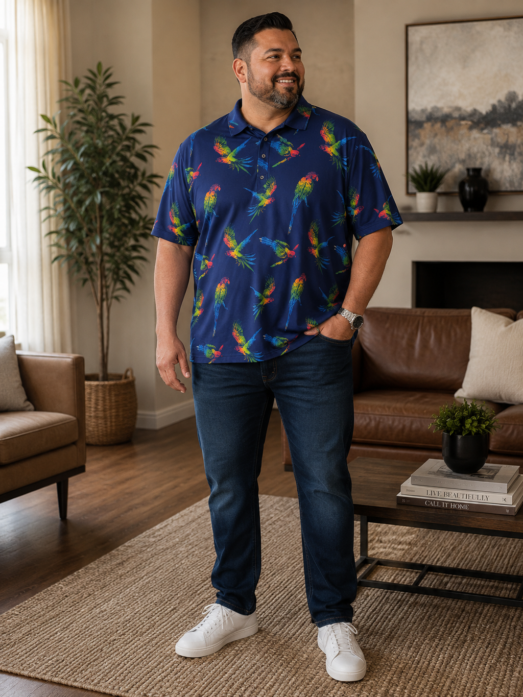 Birdie Bound Men's Parrot Print Golf Polo Shirt, Navy Blue, Size XL