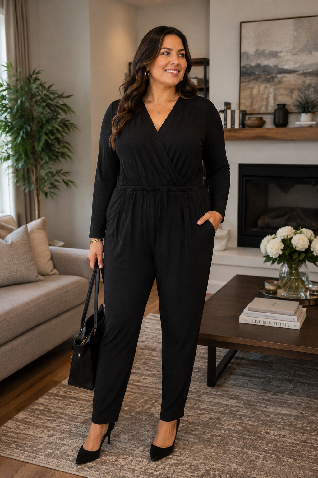 J. Jill Signature Soft Black Faux-Wrap Long-Sleeve Jumpsuit, Size L