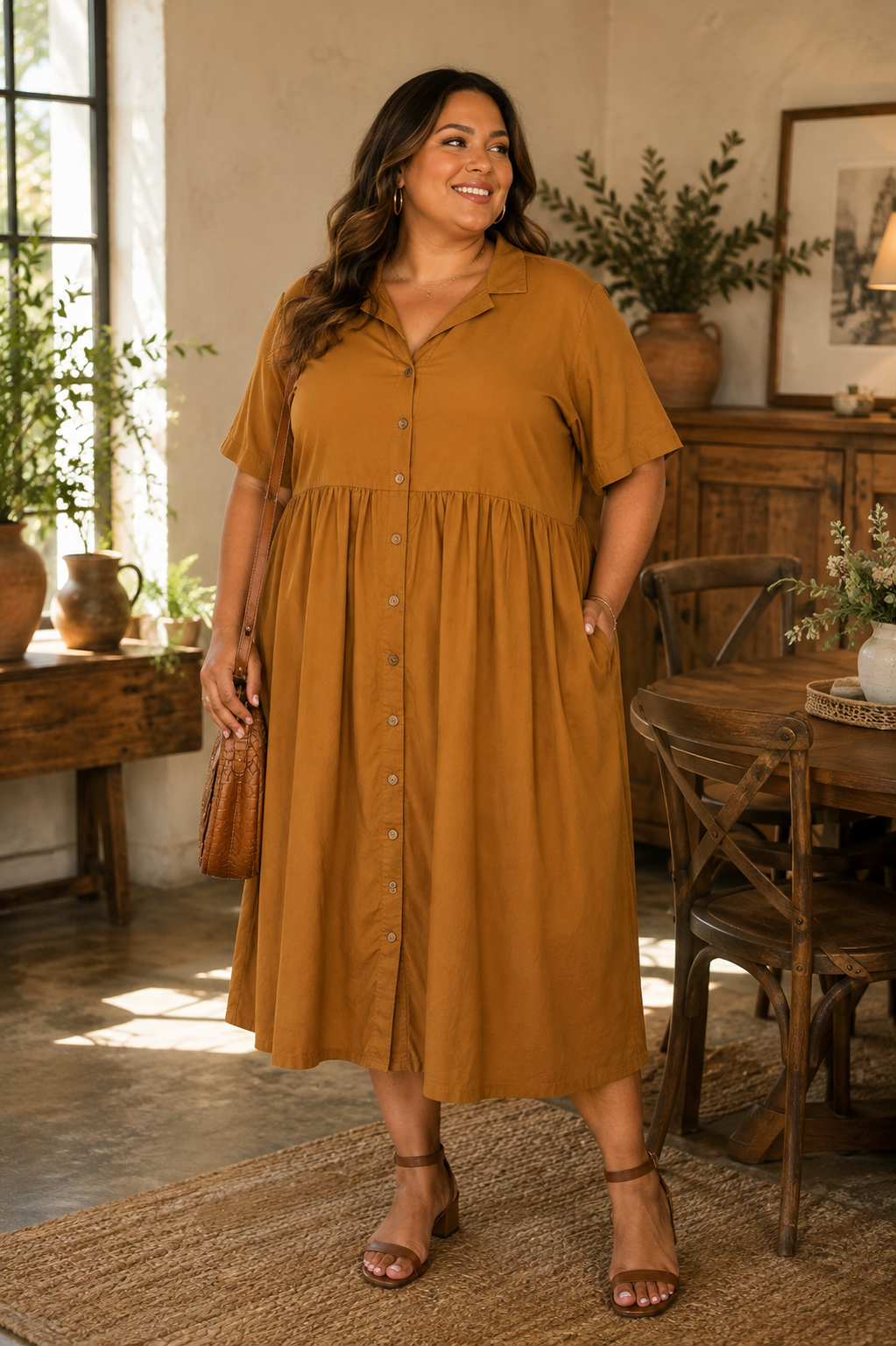 Mustard Yellow Button-Front Midi Shirt Dress with Camp Collar and Gathered Skirt