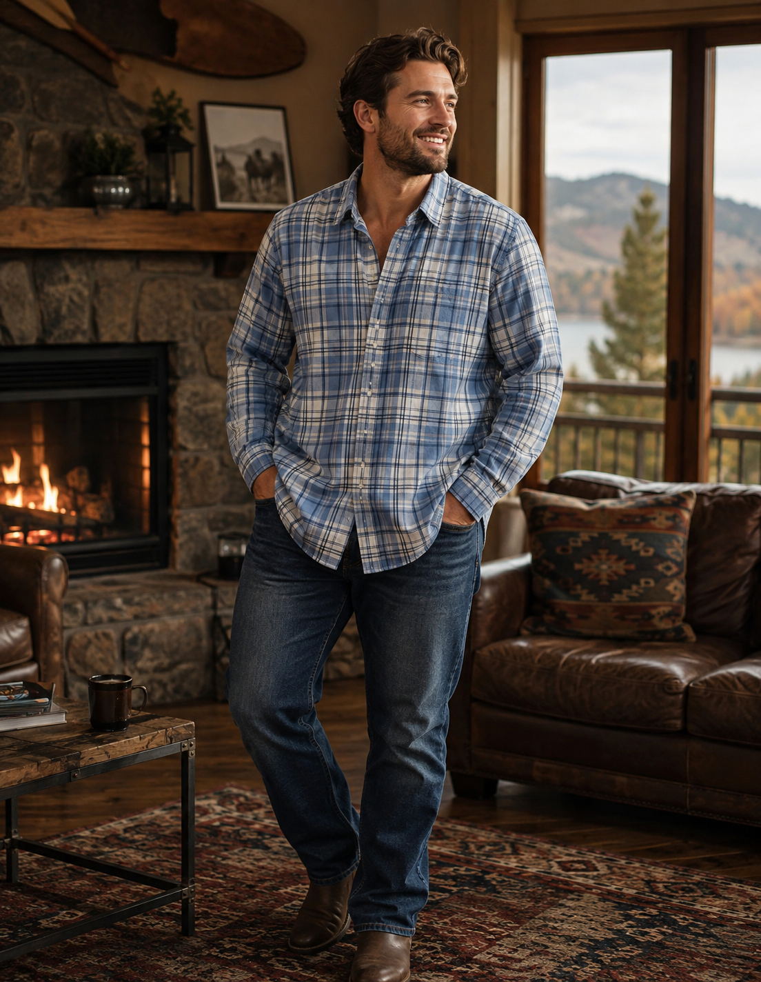 George Classic Fit Men's Blue Plaid Long-Sleeve Button-Down Shirt, Size L (42-44)