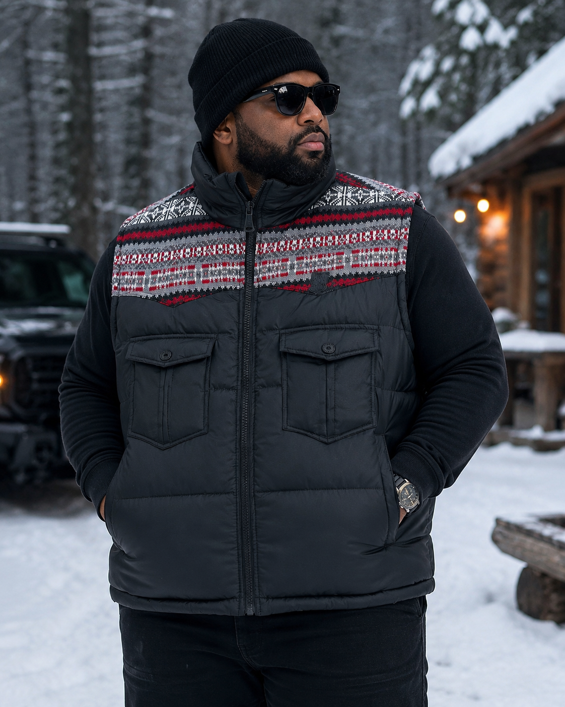 Parish Nation Essentials Men's Puffer Vest with Fair Isle Yoke, Size 2XL