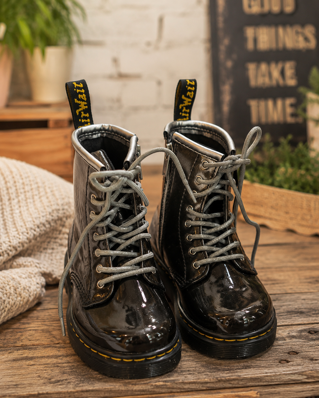 Dr. Martens 1460 Toddler Boots in Gunmetal Glitter Patent, 8-Eyelet with Side Zip