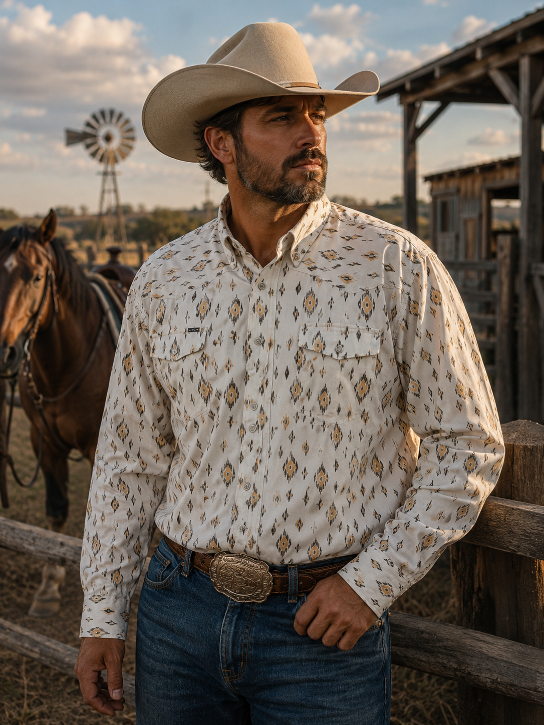 Poncho Outdoors Men's Western Pearl Snap Performance Shirt, Aztec Ikat Print, XXL Regular Fit