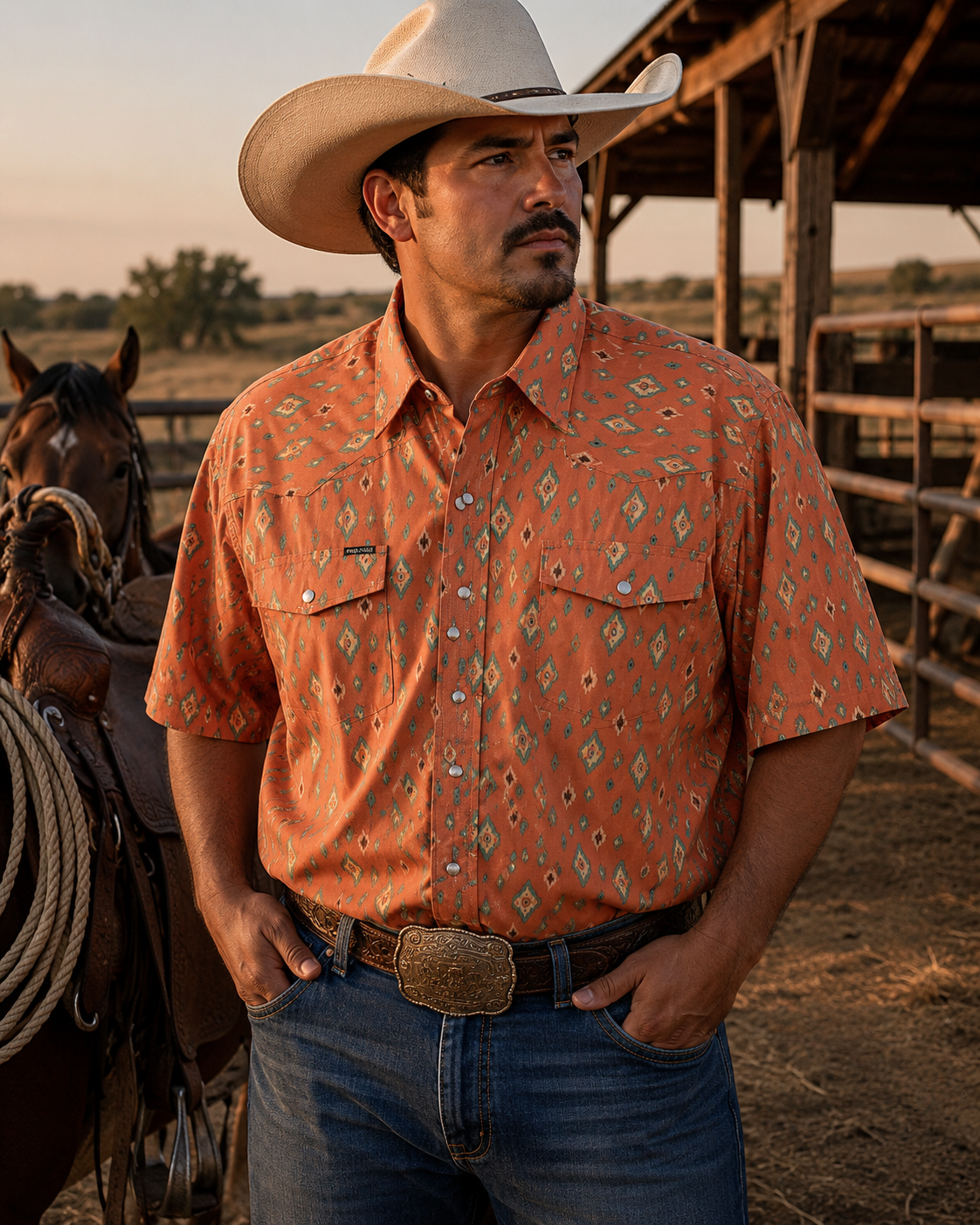Poncho Outdoors Men's Aztec Print Short-Sleeve Pearl Snap Western Shirt, Size XXL