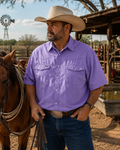 Poncho Men's Short-Sleeve Western Pearl-Snap Performance Fishing Shirt, Lavender, XXL