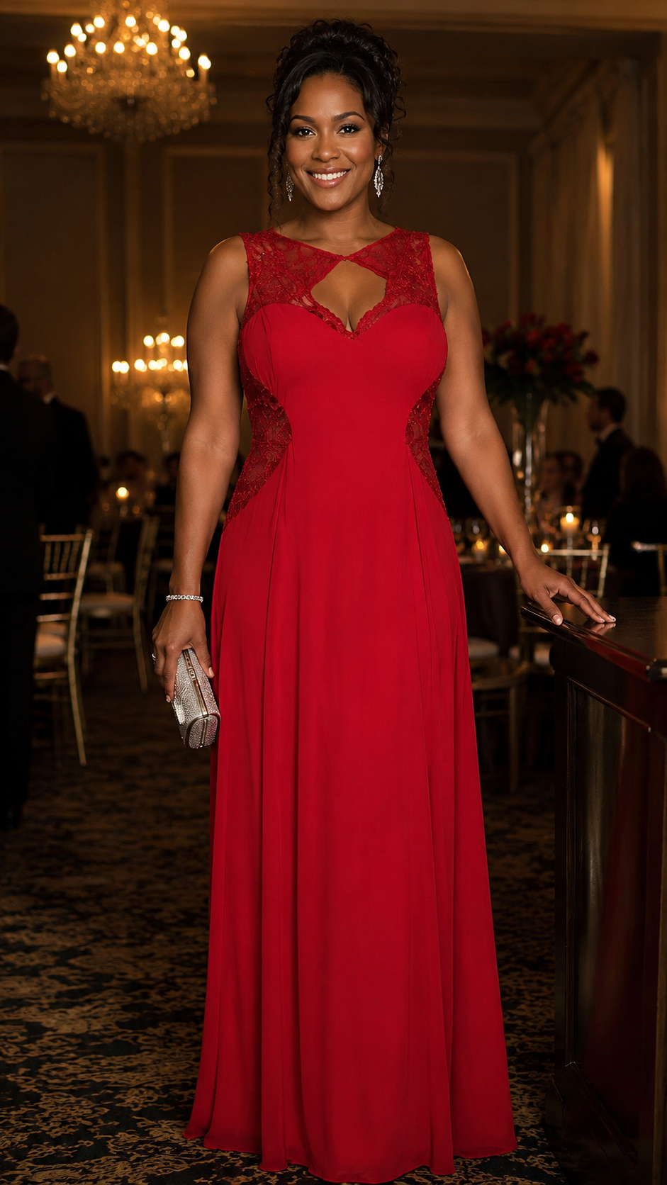 Morgan & Co. Red Beaded Lace Sweetheart Long Formal Prom Gown
