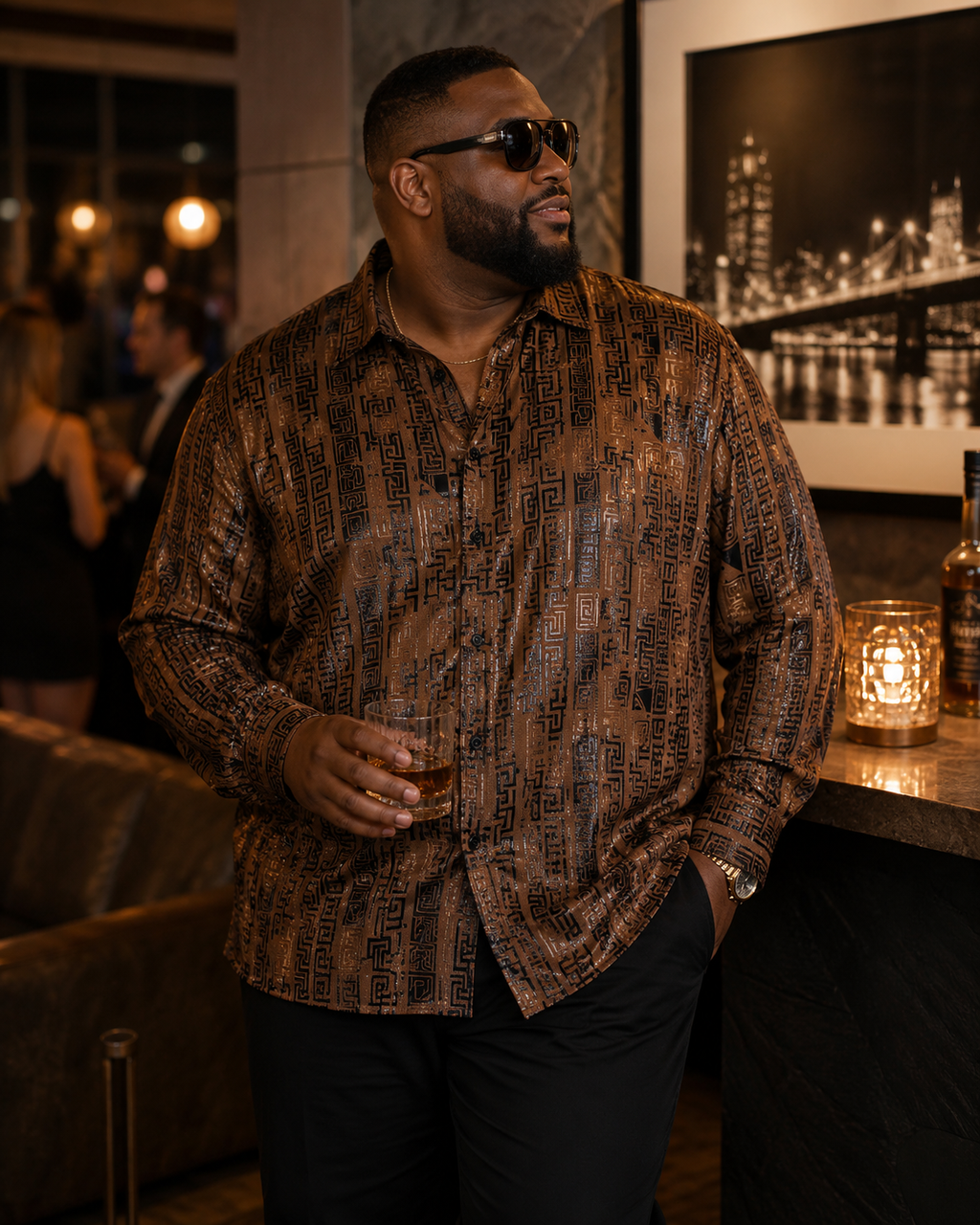Calvino Premium Quality Men's Metallic Geometric Print Long-Sleeve Button-Up Shirt, Size 2XL