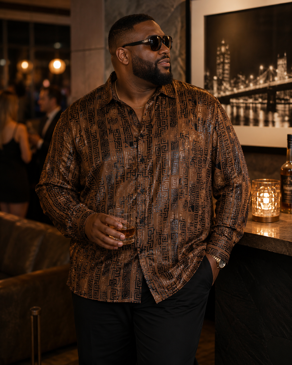 Calvino Premium Quality Men's Metallic Geometric Print Long-Sleeve Button-Up Shirt, Size 2XL