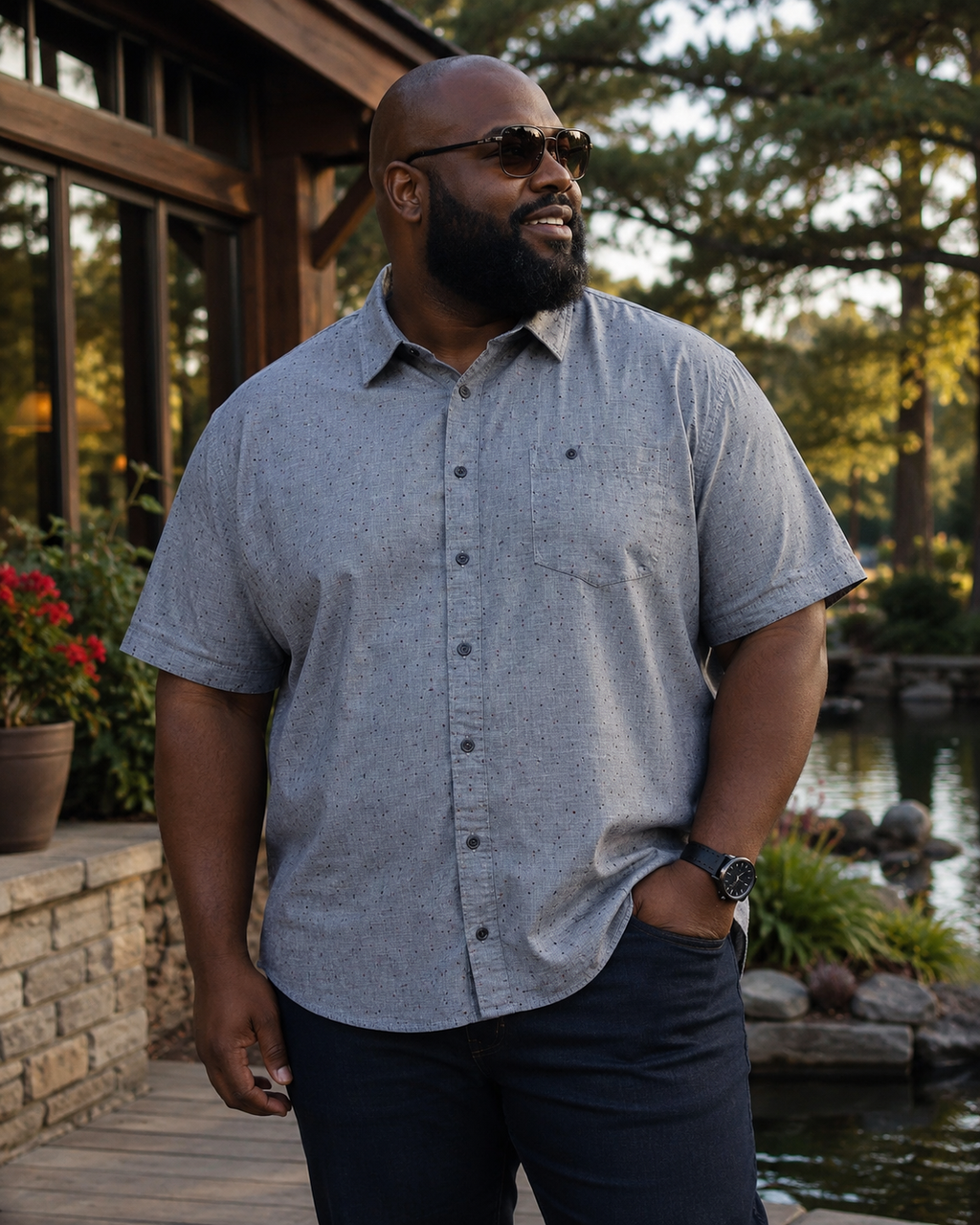 Coastal Men's Short-Sleeve Chambray Button-Up Shirt with Micro Dot Print, Size XXL