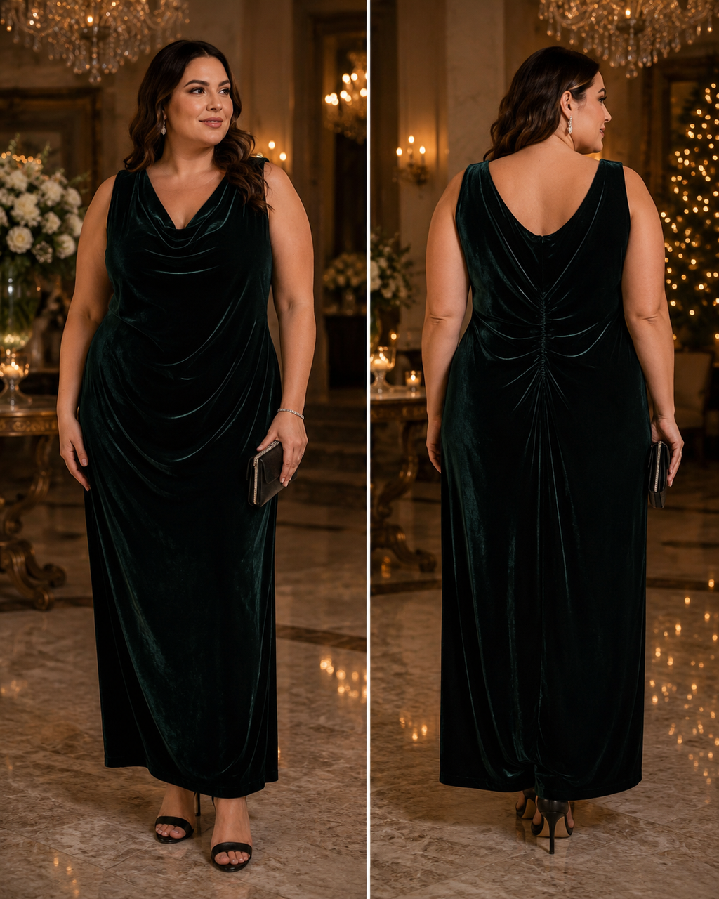 Xscape Emerald Green Velvet Ruched Sleeveless Evening Gown, Size 16