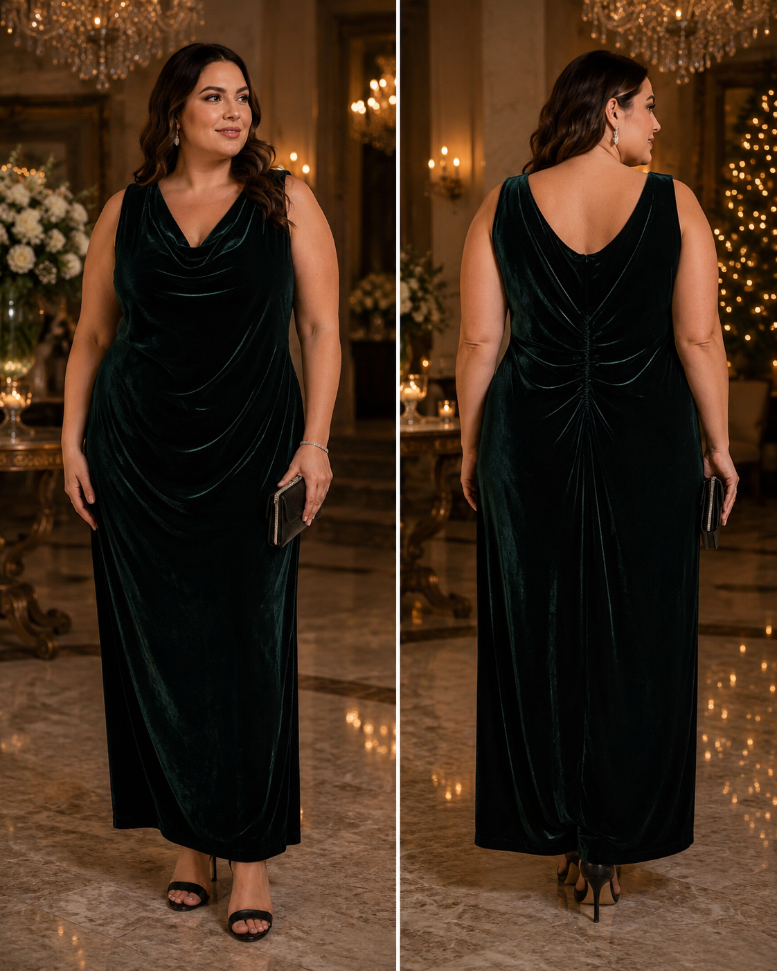 Xscape Emerald Green Velvet Ruched Sleeveless Evening Gown, Size 16