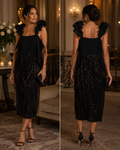 Eloquii Black Sequin Ruffle-Shoulder Midi Cocktail Dress, Size 14