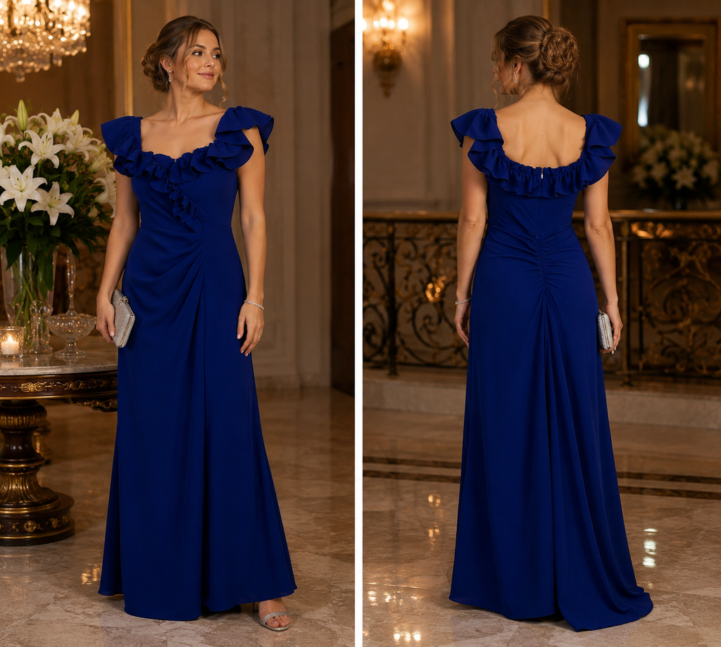 Xscape Royal Blue Off-the-Shoulder Ruffle Evening Gown, Size 14
