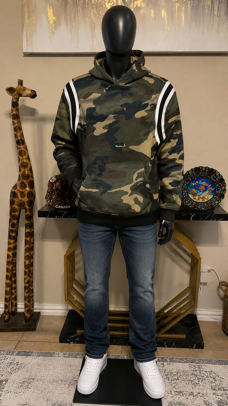 Contender Camo Pullover Hoodie with Black & White Racing Stripe Sleeves, Size XL