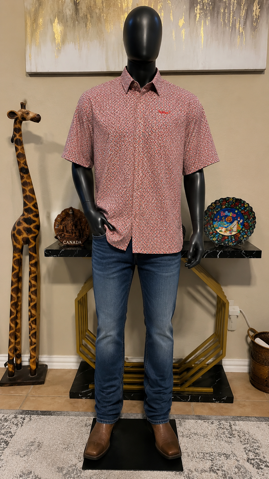 Ariat Men's Short-Sleeve Button-Down Shirt, Red/White Geometric Print
