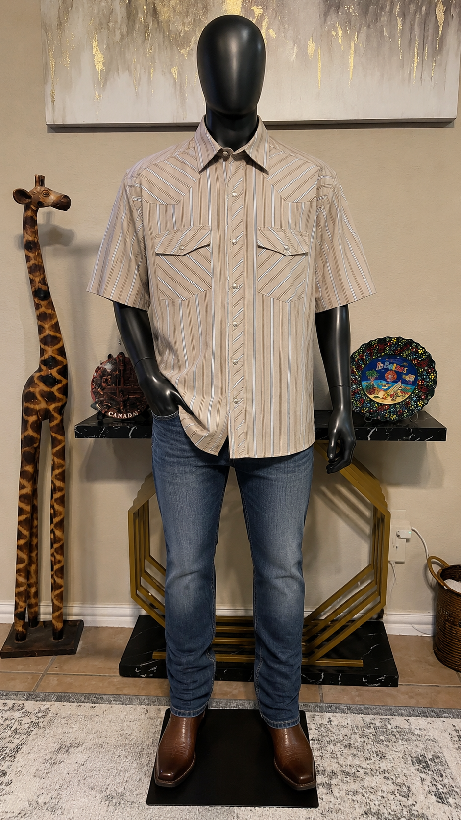 Wrangler Western Shirt Short Sleeve Pearl Snap Striped Cowboy Shirt