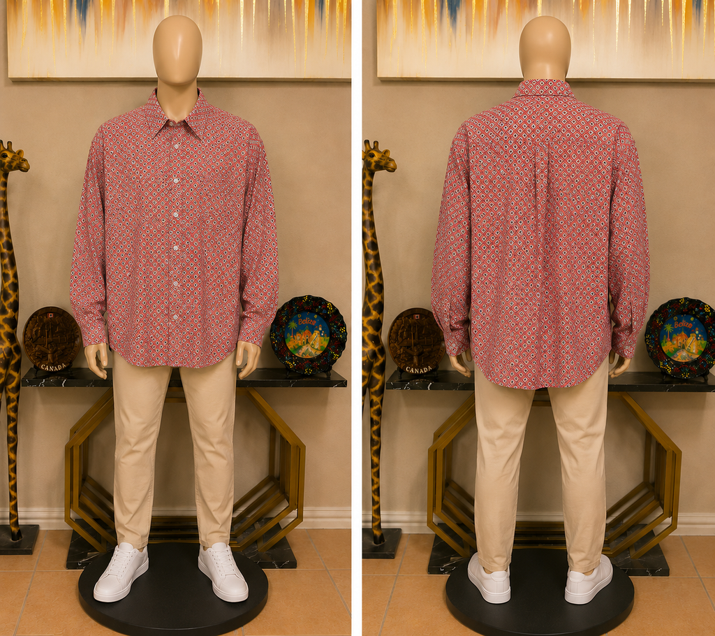 Whiskey Ranch Men's Long-Sleeve Western Snap Shirt, Coral Geometric Foulard Print, Size XXL