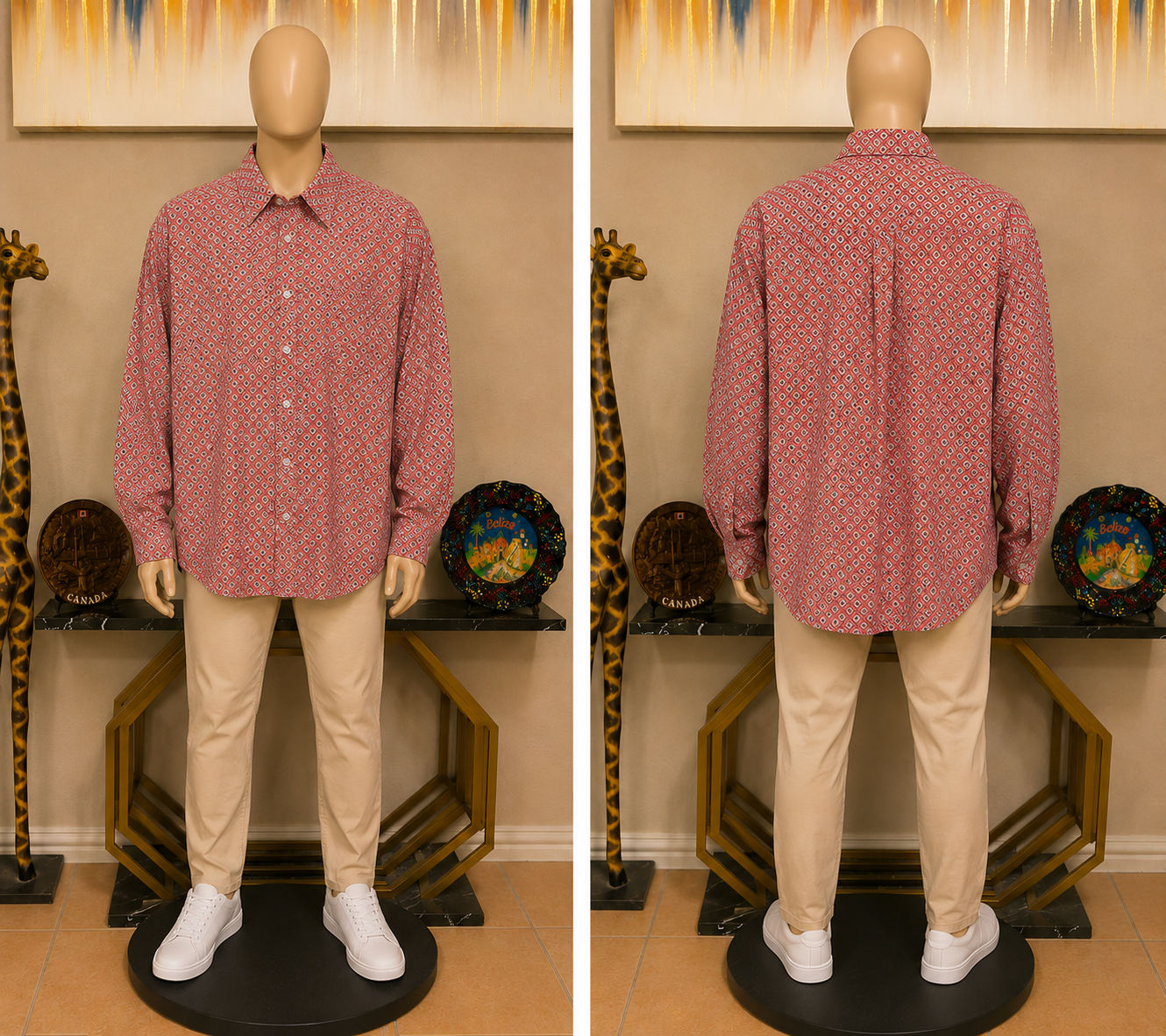 Whiskey Ranch Men's Long-Sleeve Western Snap Shirt, Coral Geometric Foulard Print, Size XXL