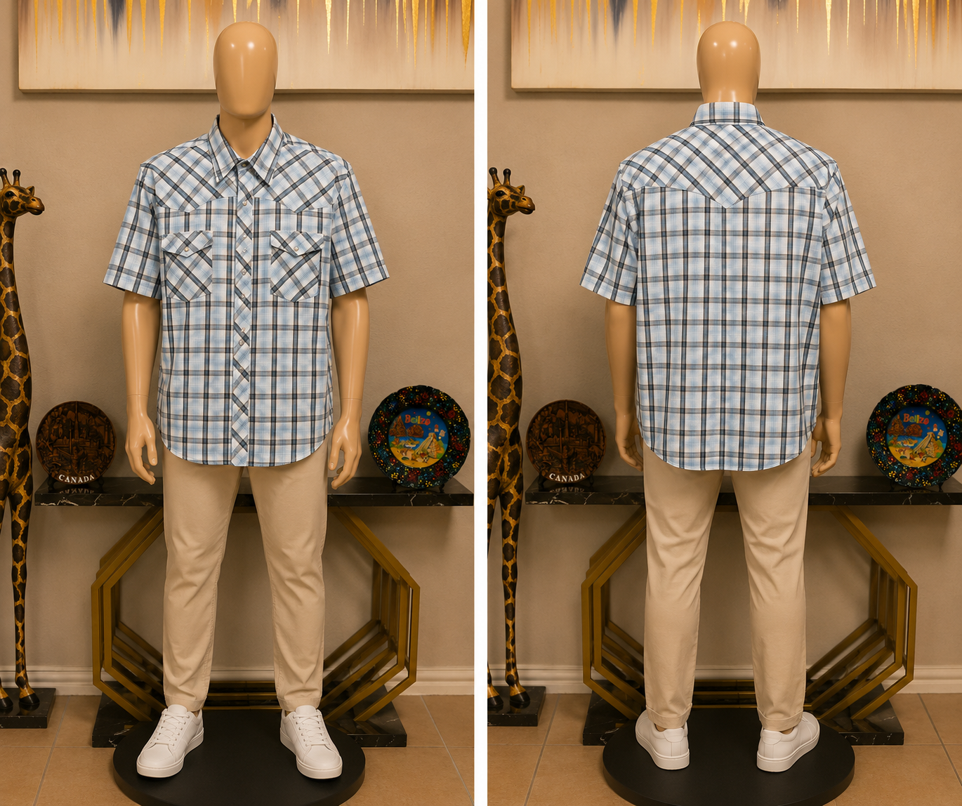 Wrangler Western Shirt Men's Short Sleeve Blue Plaid Pearl Snap