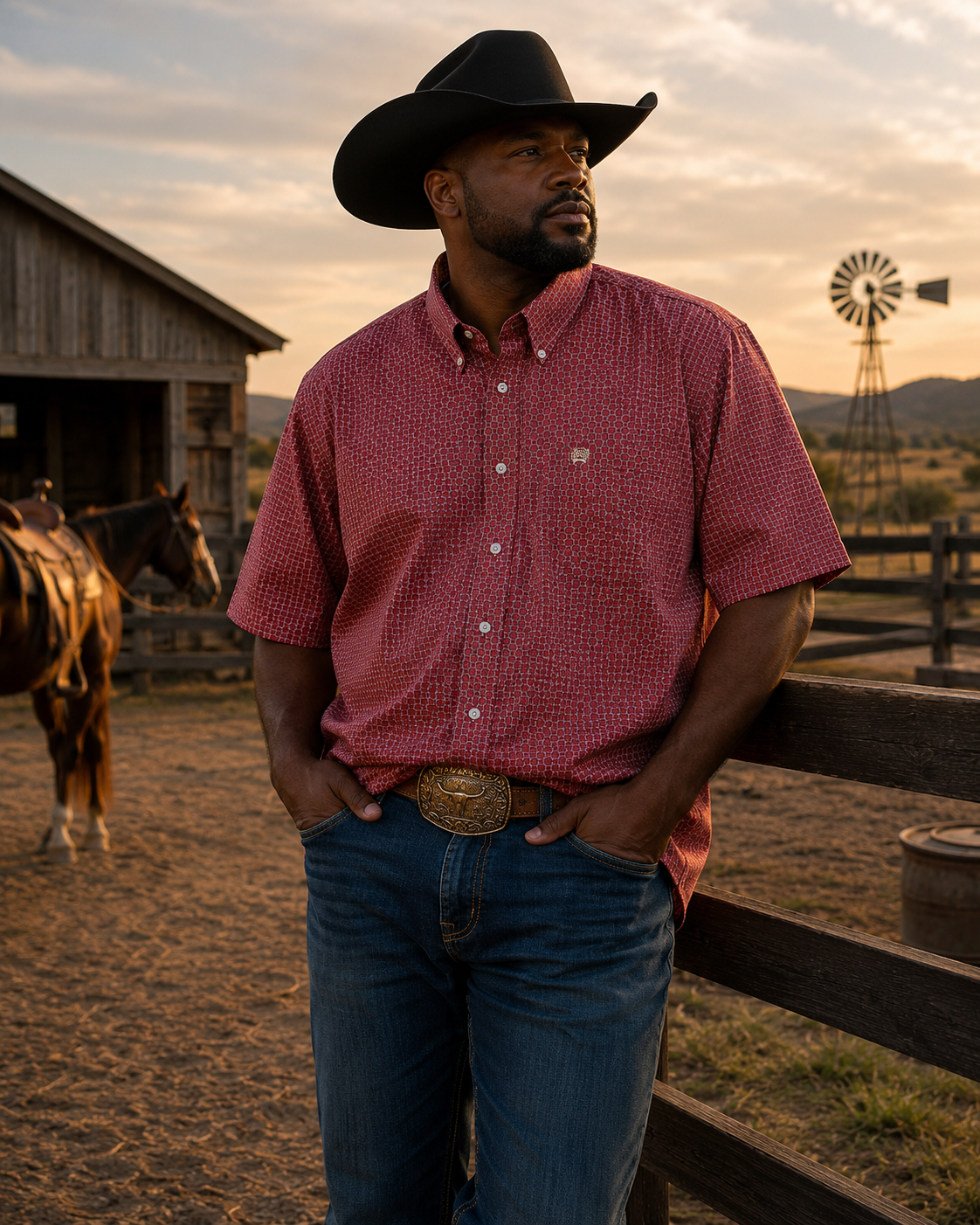 Cinch Men's Short Sleeve Button-Down Western Shirt, Red Geometric Chain Link Print, Size XXL