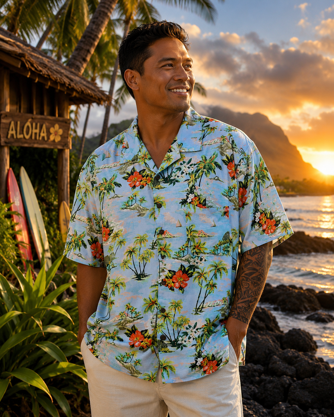 George Men's Hawaiian Aloha Shirt, Light Blue Tropical Palm Tree & Hibiscus Print, Size 2XL (50-52)