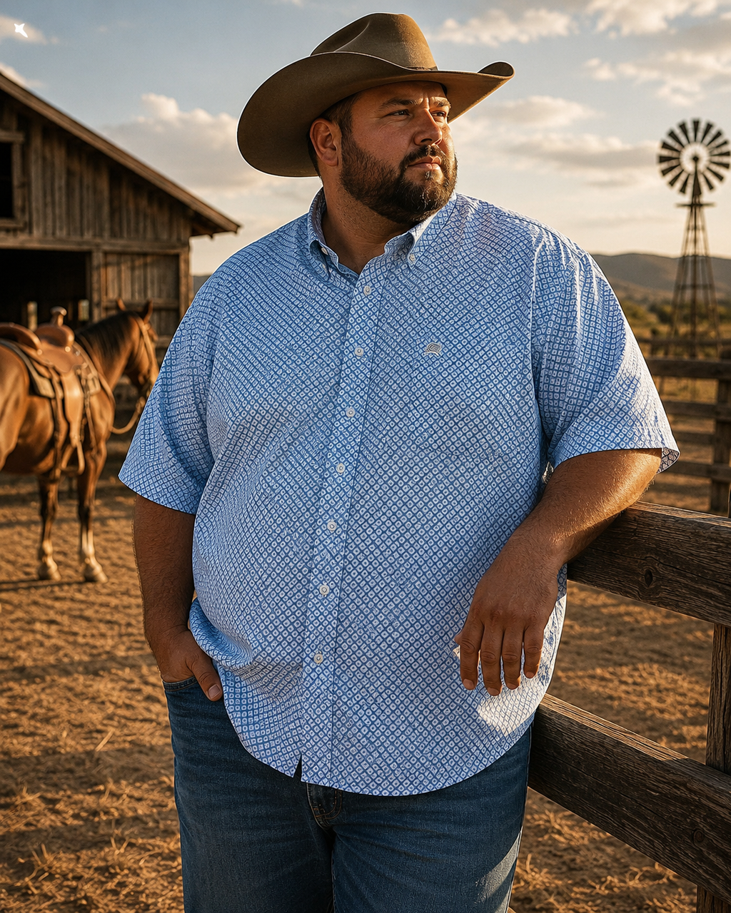 Cinch Men's Short Sleeve Button-Down Western Shirt, Blue/Yellow Geometric Diamond Print, Size XXL
