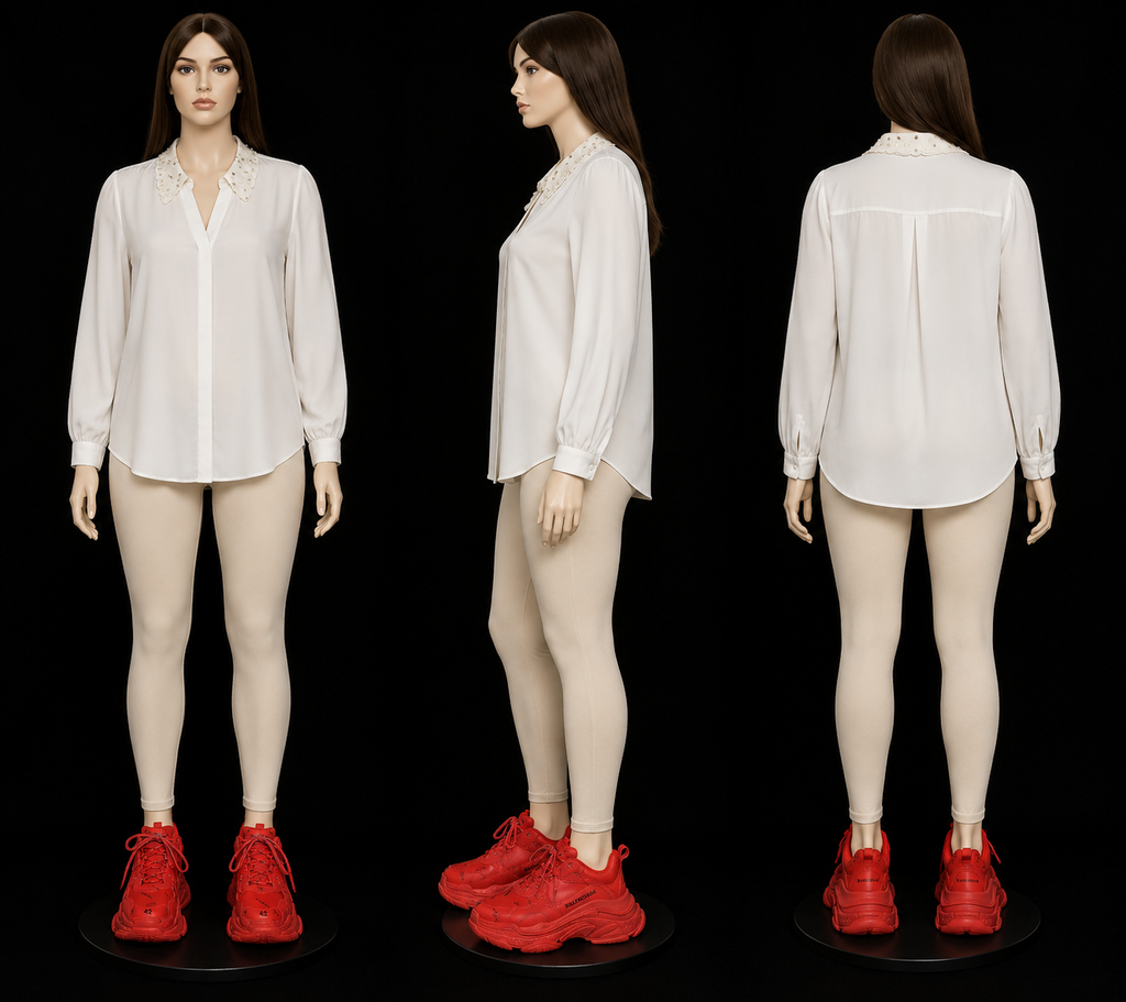 Ivory Sheer Polyester Blouse with Pearl & Rhinestone Beaded Collar