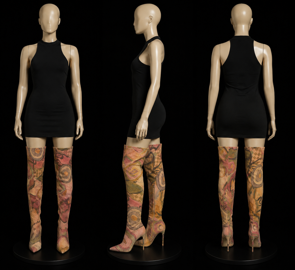 Knee-High Stiletto Boots with Abstract Watercolor Print