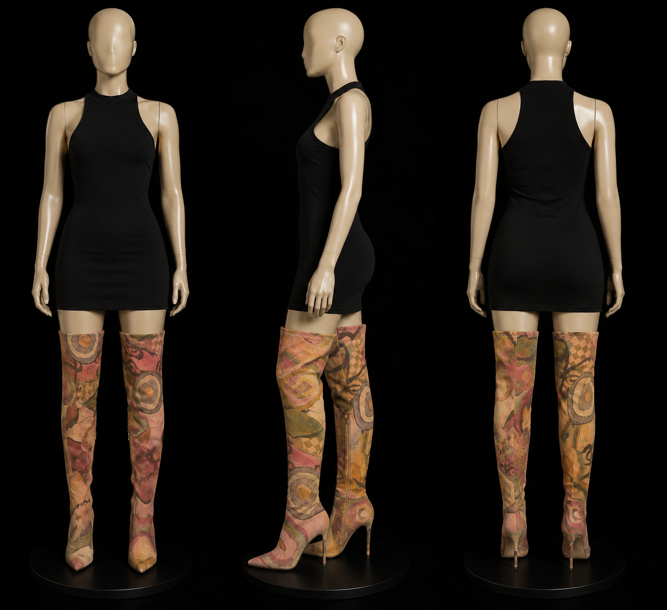Knee-High Stiletto Boots with Abstract Watercolor Print