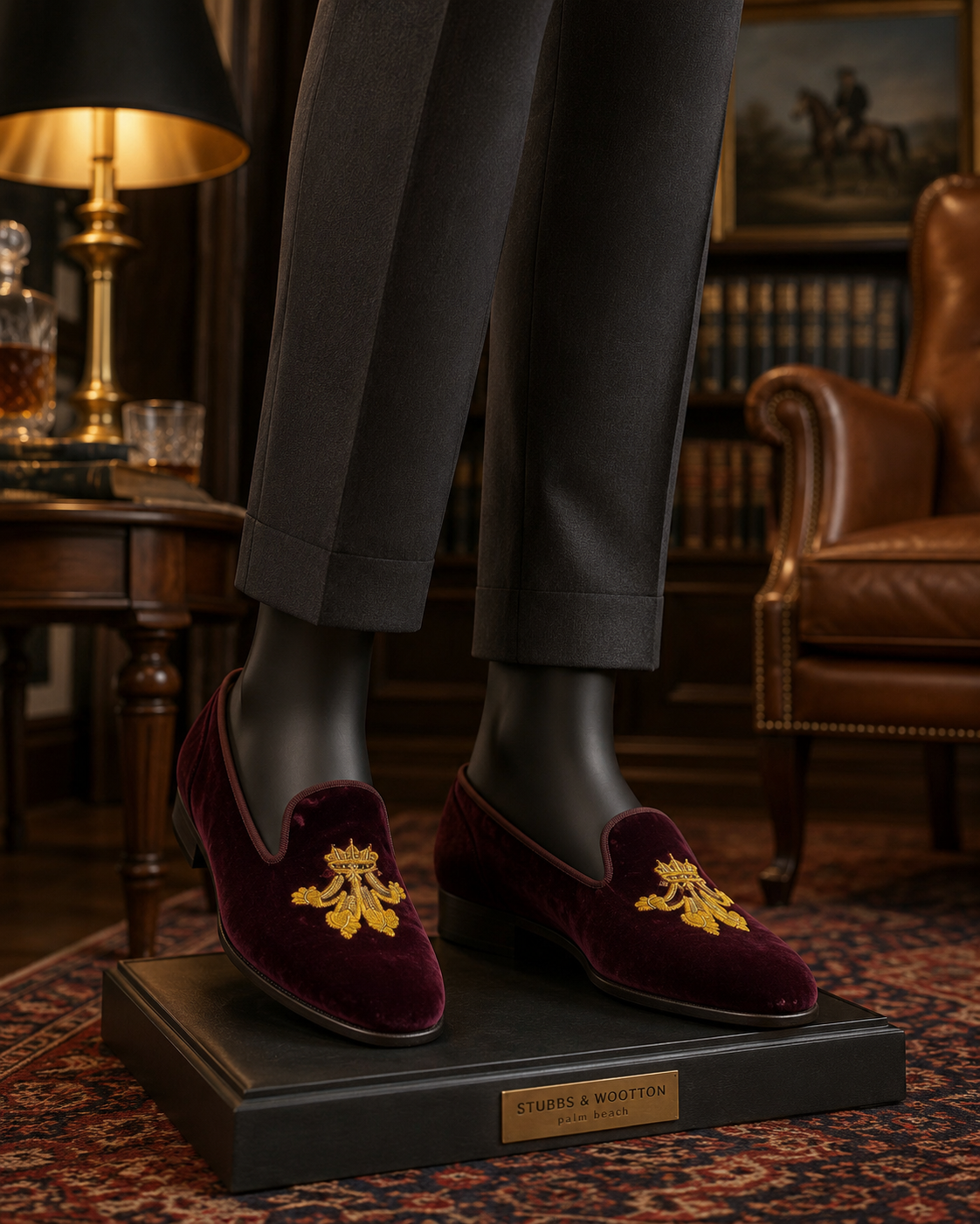 Stubbs & Wootton Burgundy Velvet Slipper with Gold Crown Embroidery
