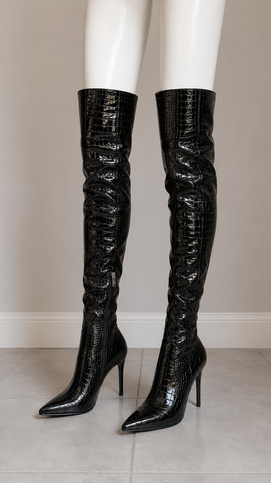 Steve Madden Black Croc Embossed Knee-High Stiletto Boots