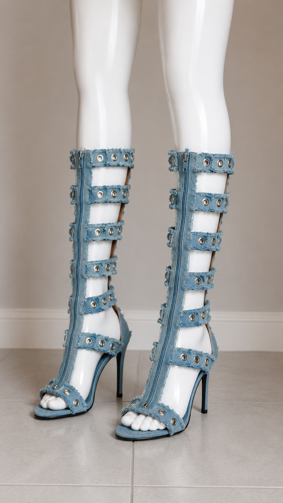 Cape Robbin Distressed Denim Strappy Gladiator Stiletto Heels