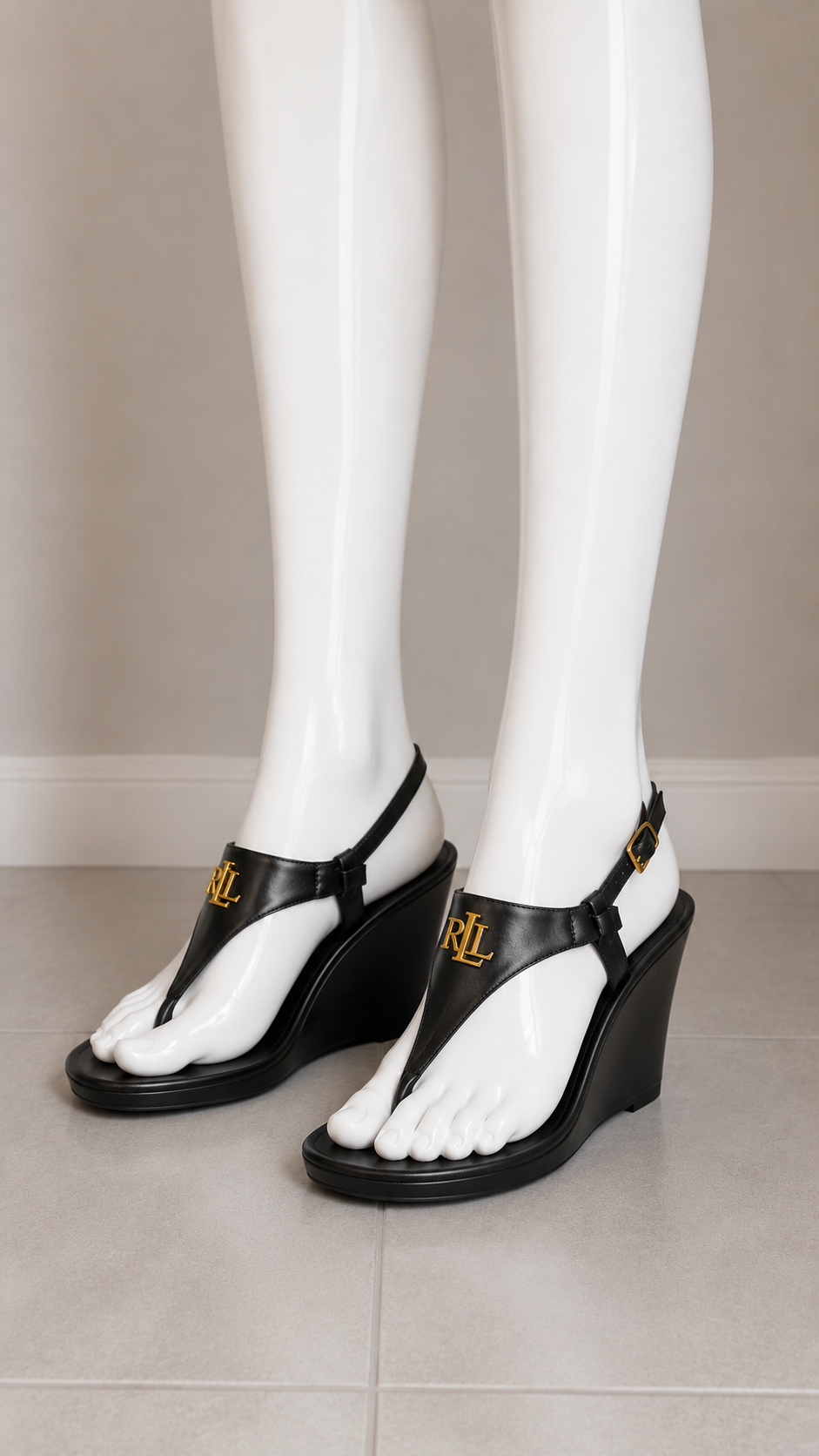 Lauren Ralph Lauren Black Leather T-Strap Wedge Sandals with Gold LRL Logo