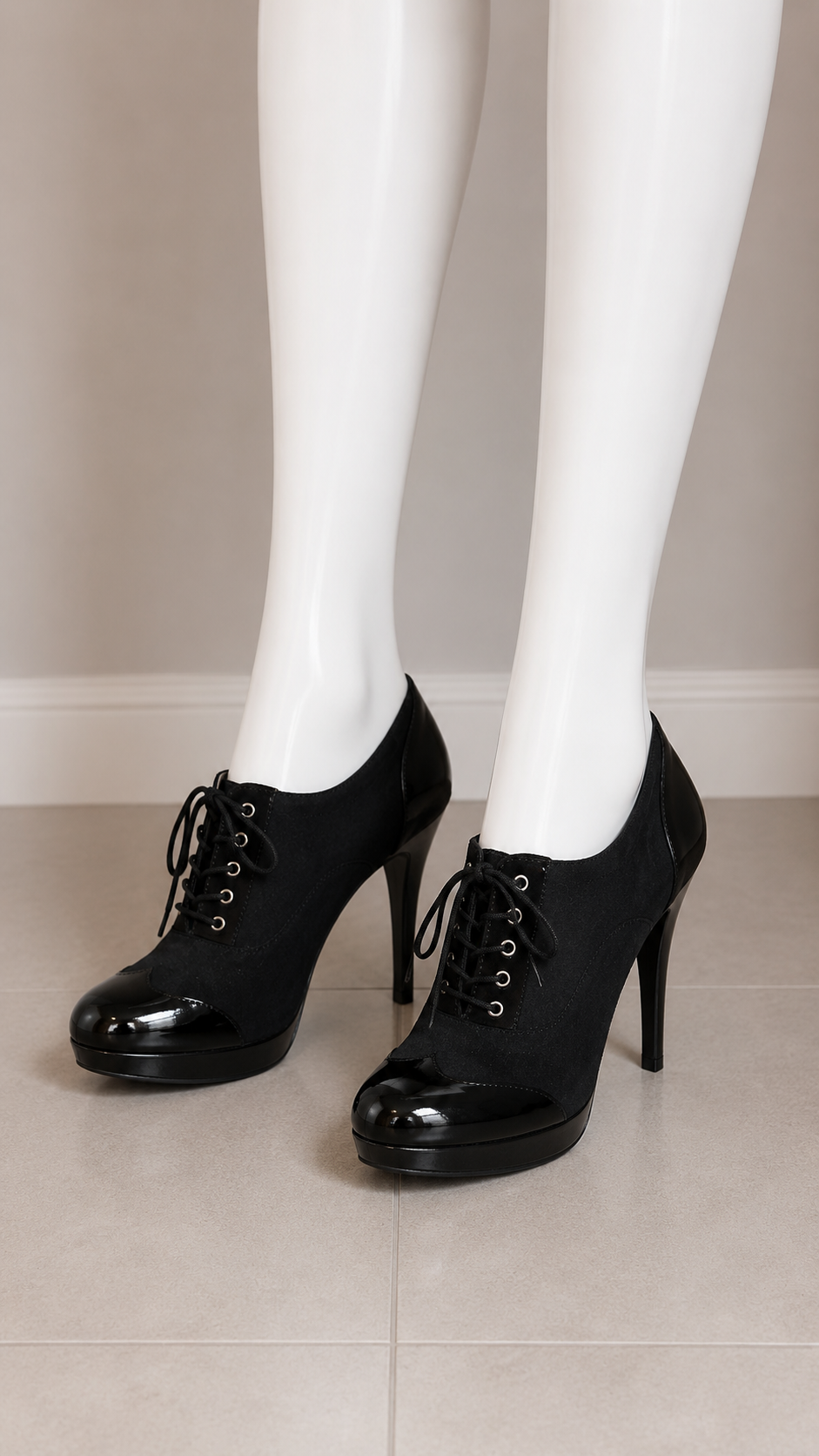 Bamboo Black Lace-Up Wingtip Stiletto Platform Ankle Booties