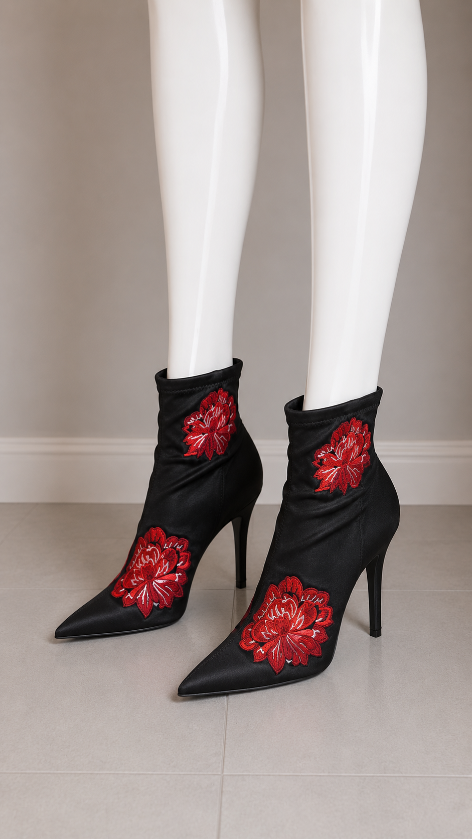Jessica Simpson Black Stretch Satin Pointed-Toe Ankle Booties with Red Floral Embroidery