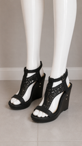 Gianni Bini Black Leather Cutout Platform Wedge Sandals