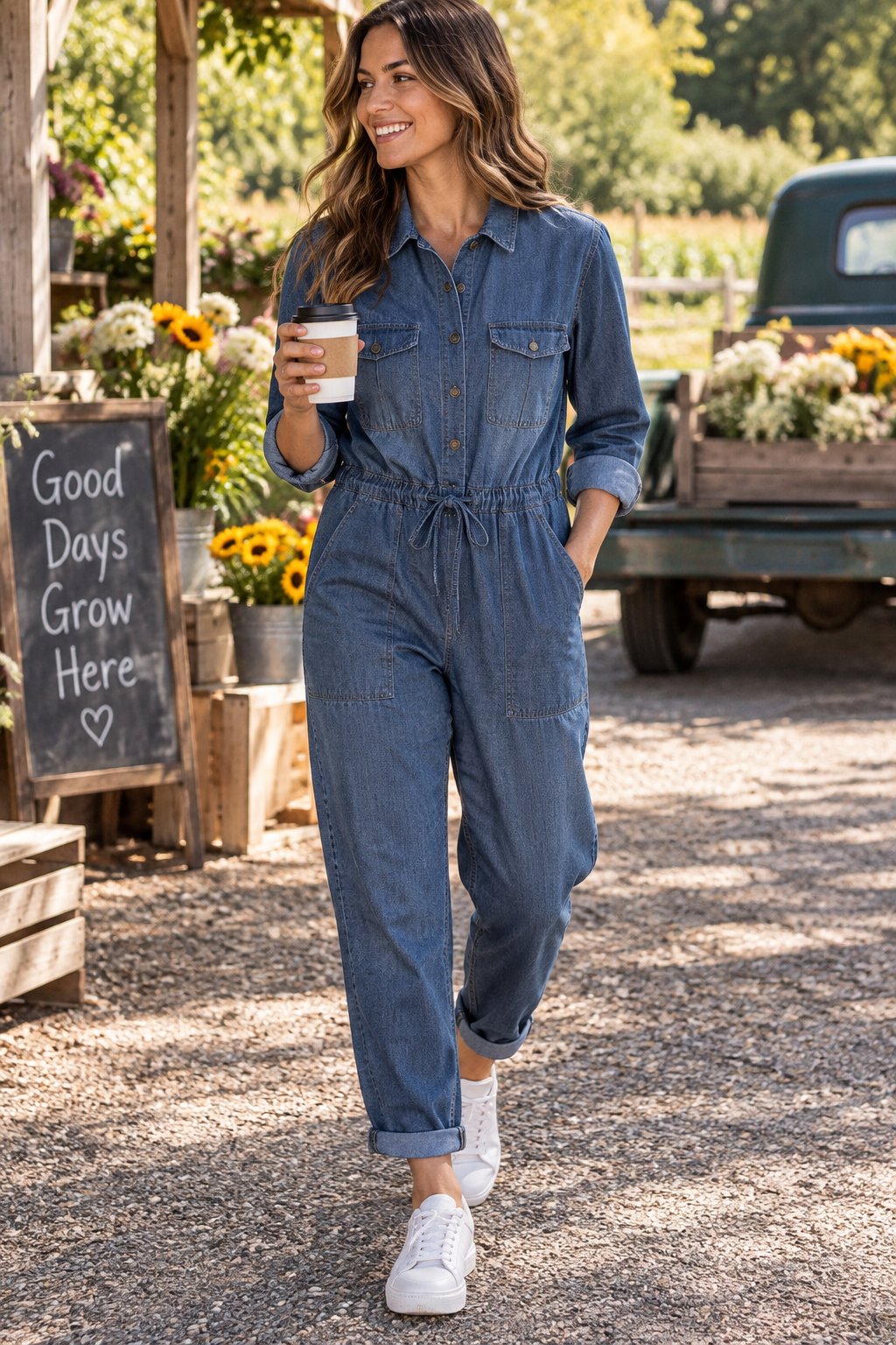 DO+BE Denim Long Sleeve Utility Jumpsuit with Drawstring Waist