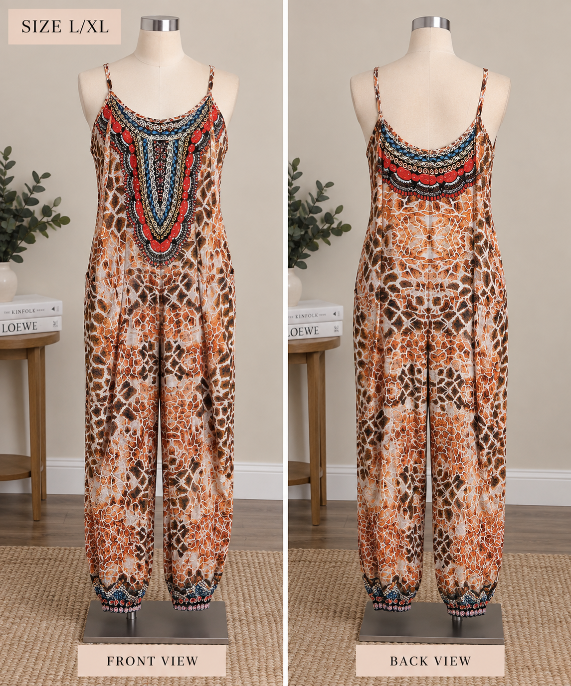 True Colours by La Moda Clothing Embellished Animal Print Maxi Jumsuit, Size L/XL