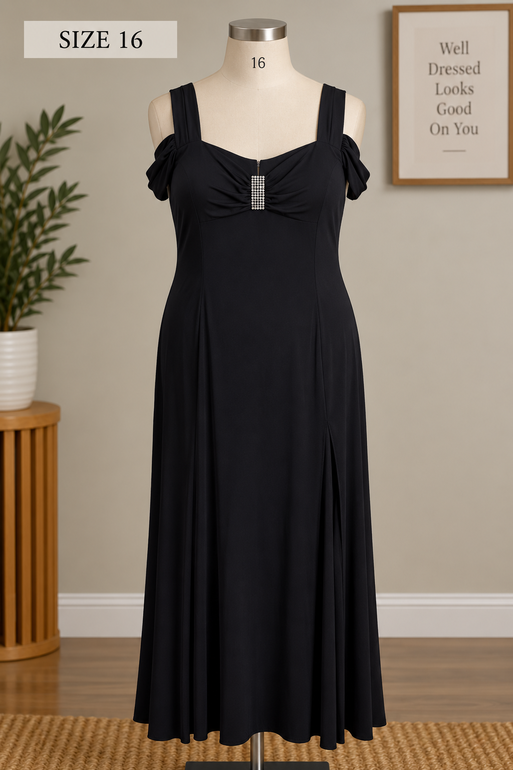 R&M Richards Black Jersey Maxi Evening Gown with Cold-Shoulder Sleeves, Rhinestone Bust Accent, and Side Slit, Size 16