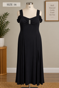R&M Richards Black Jersey Maxi Evening Gown with Cold-Shoulder Sleeves, Rhinestone Bust Accent, and Side Slit, Size 16