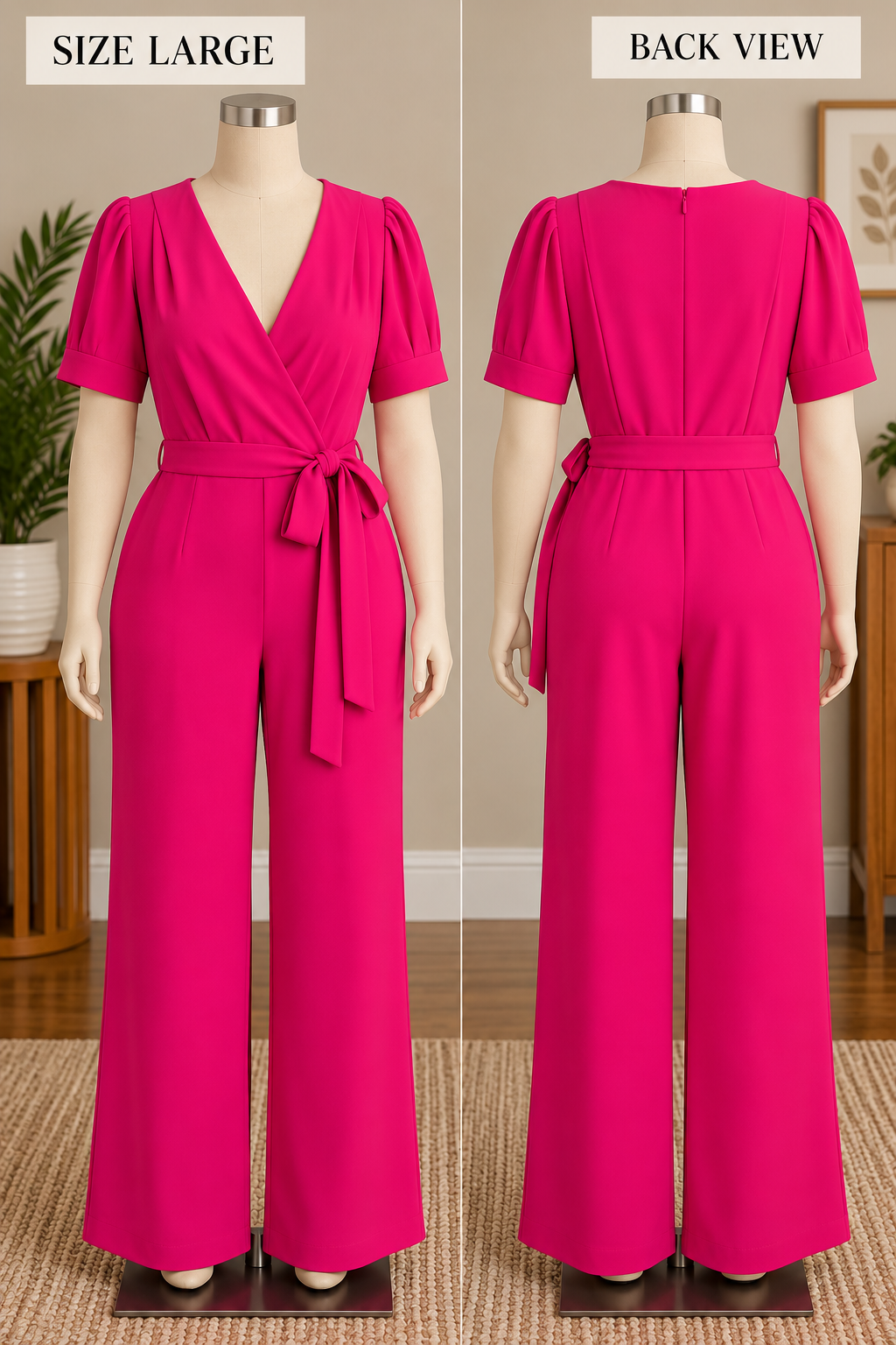 Adelyn Rae Women's Hot Pink Belted Surplice V-Neck Jumpsuit with Puff Short Sleeves, Size L