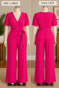 Adelyn Rae Women's Hot Pink Belted Surplice V-Neck Jumpsuit with Puff Short Sleeves, Size L