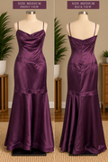 Purple Satin Strapless Trumpet Evening Gown with Pintucked Bands and Covered Buttons