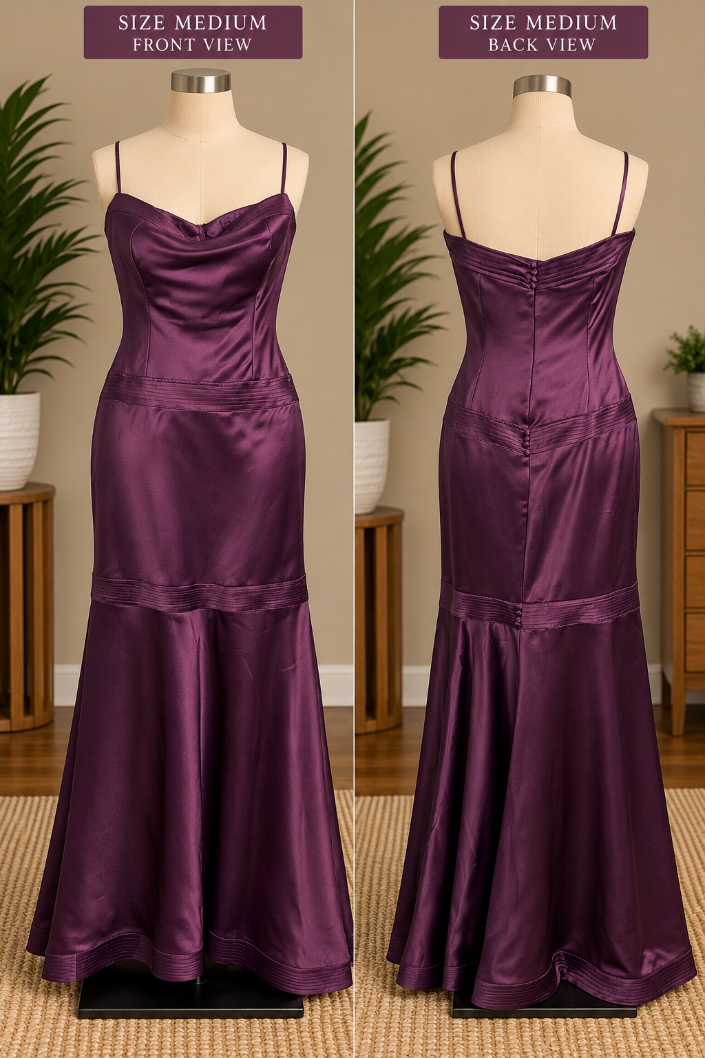 Purple Satin Strapless Trumpet Evening Gown with Pintucked Bands and Covered Buttons