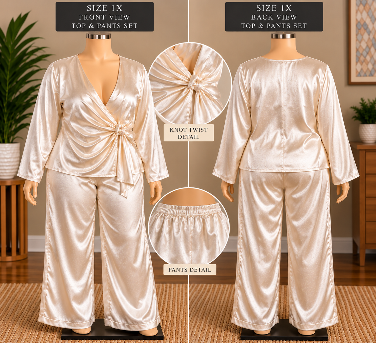Women's Ivory Satin Two-Piece Set: Deep V Wrap Top with Knot Twist Waist and Elastic-Waist Wide-Leg Pants