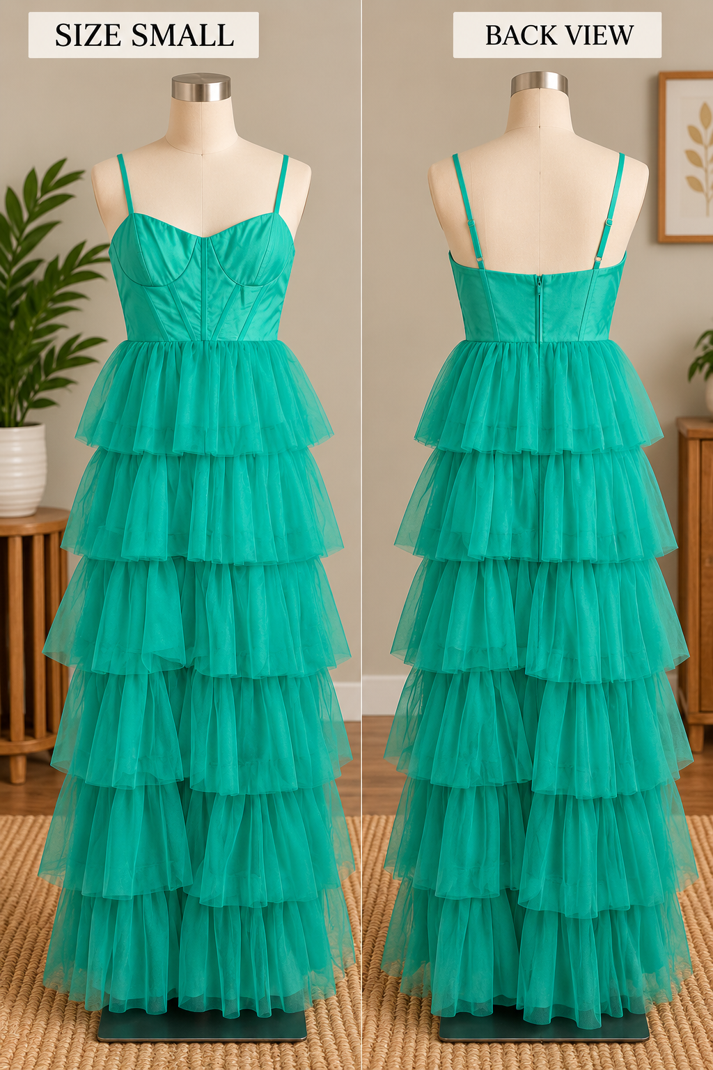 Lulus Green Tiered Tulle Bustier Maxi Dress, Satin Corset Bodice, Size S, New With Tags