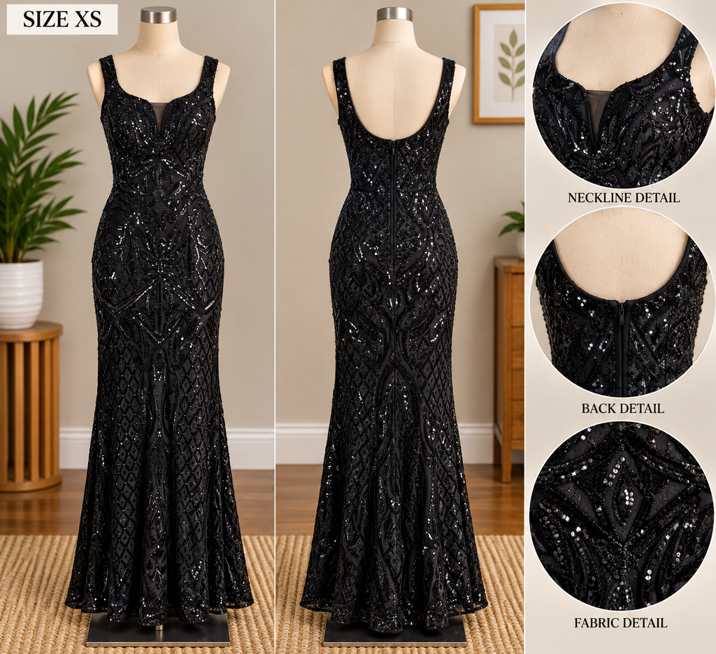 Windsor Black Sequin Mermaid Maxi Gown, Sleeveless with Geometric Sequin Pattern