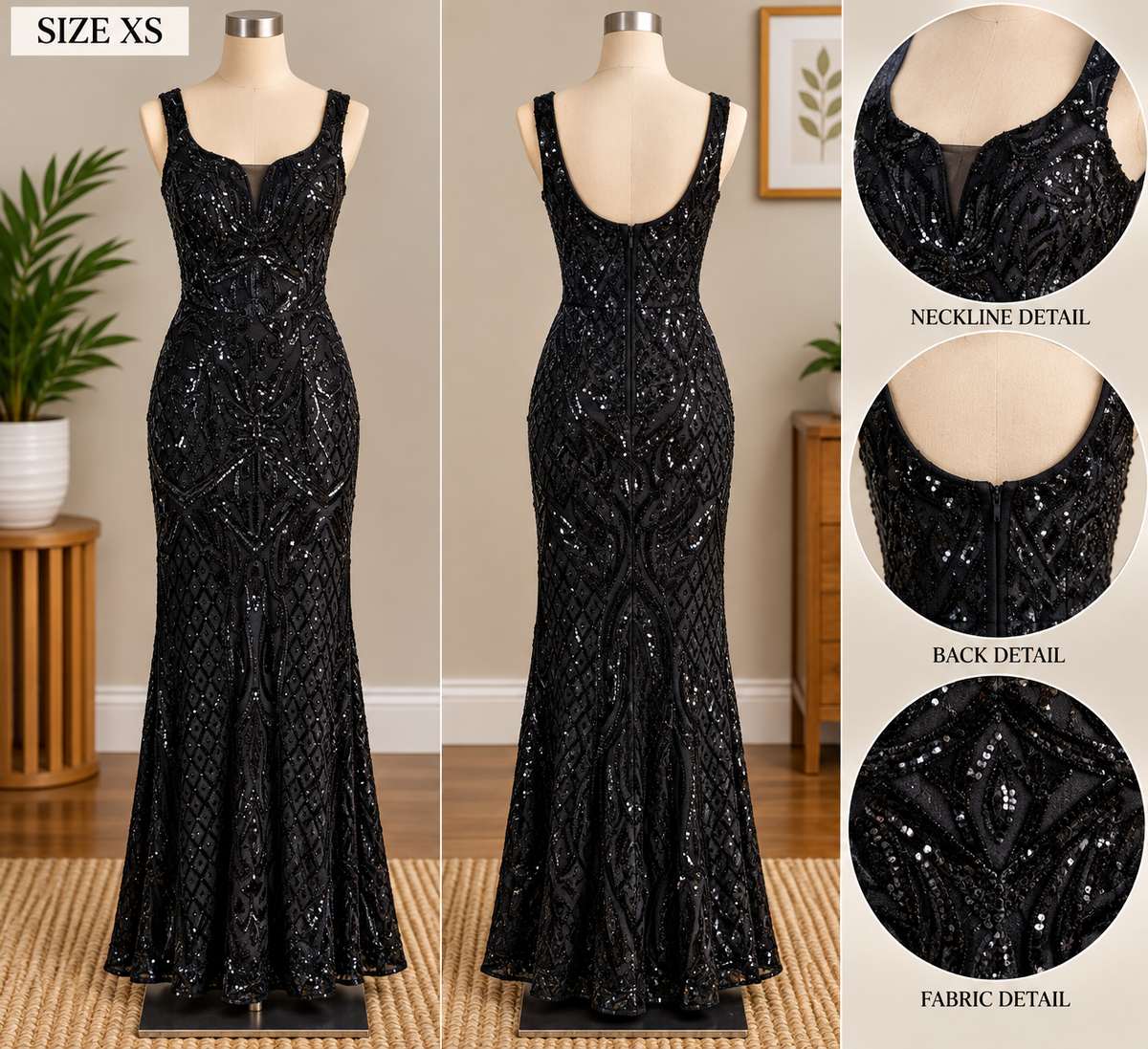 Windsor Black Sequin Mermaid Maxi Gown, Sleeveless with Geometric Sequin Pattern